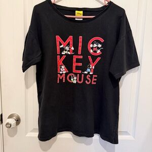 Disney Black Tee with Mickey Mouse and Red Lettering
